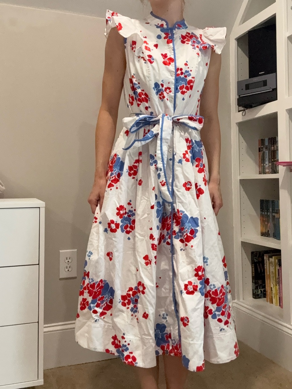 Gorgeous red white and blue Brooks Brothers high neck button up midi dress